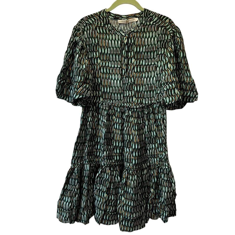 Marie Oliver Black/Green Puff Sleeve MIDI Dress Sz Small